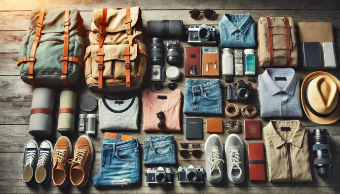 Travel gear and clothing laid out on wooden surface.