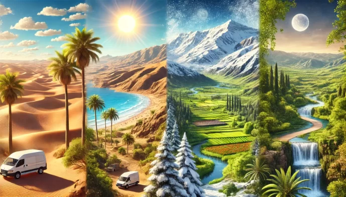 Surreal landscape with contrasting climates and delivery vans.